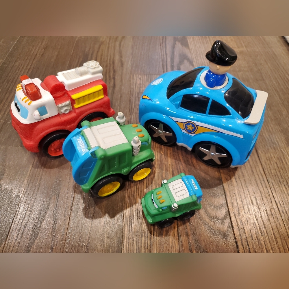 Toy Vehicle Set with Police Car, Fire Truck, and Garbage Trucks